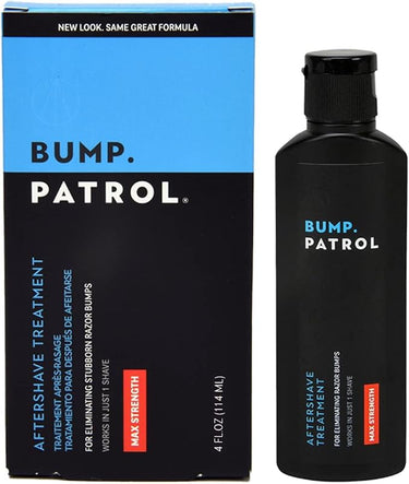 Bump Patrol aftershave treatment packaging and bottle on a white background